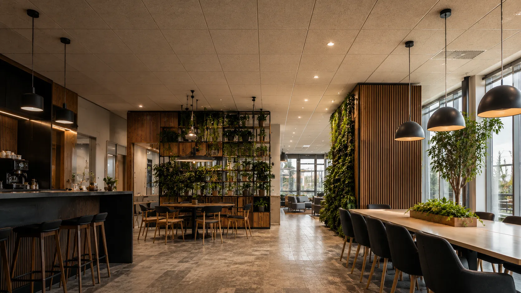 Kontorsmiljö med akustiktak och grönska